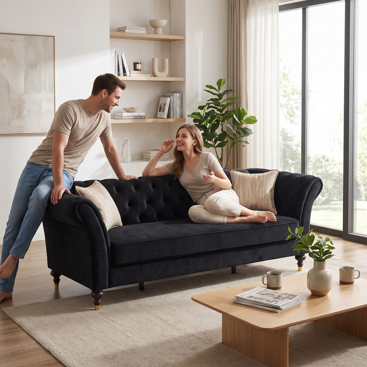 Black Velvet 3-Seat Tufted Chesterfield Sofa, 88.5 in Wide