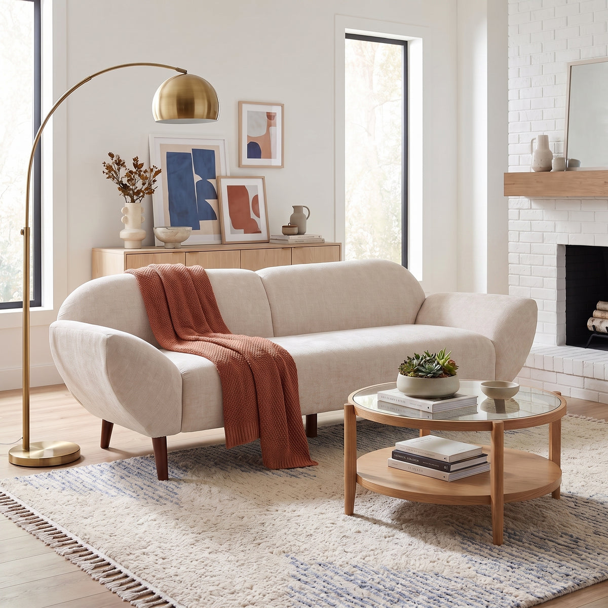 Beige Chenille 3-Seat Curved Sofa, 83.8 in Wide