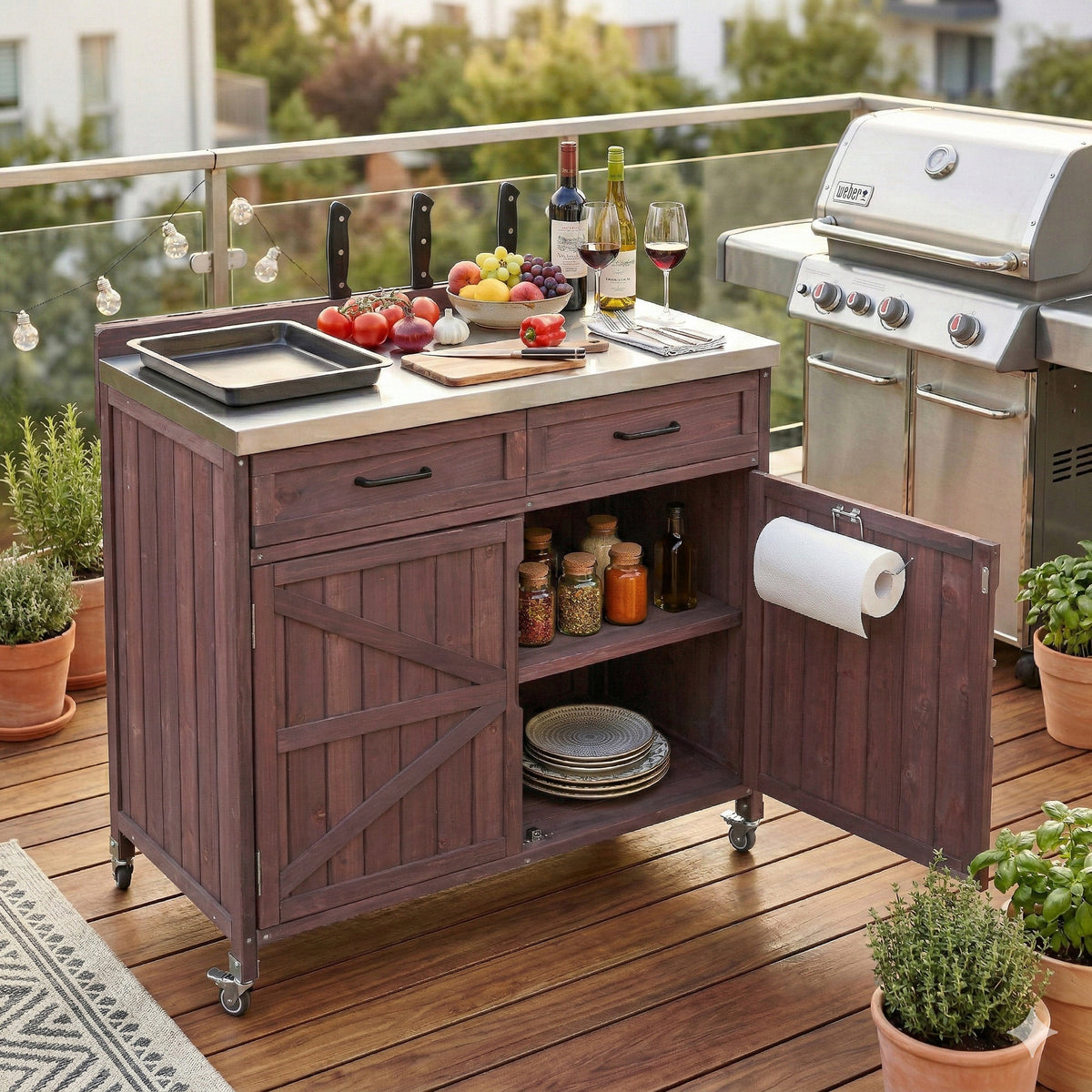 Dark Brown Solid Wood Outdoor Kitchen Island with Wheels, Stainless Steel Top