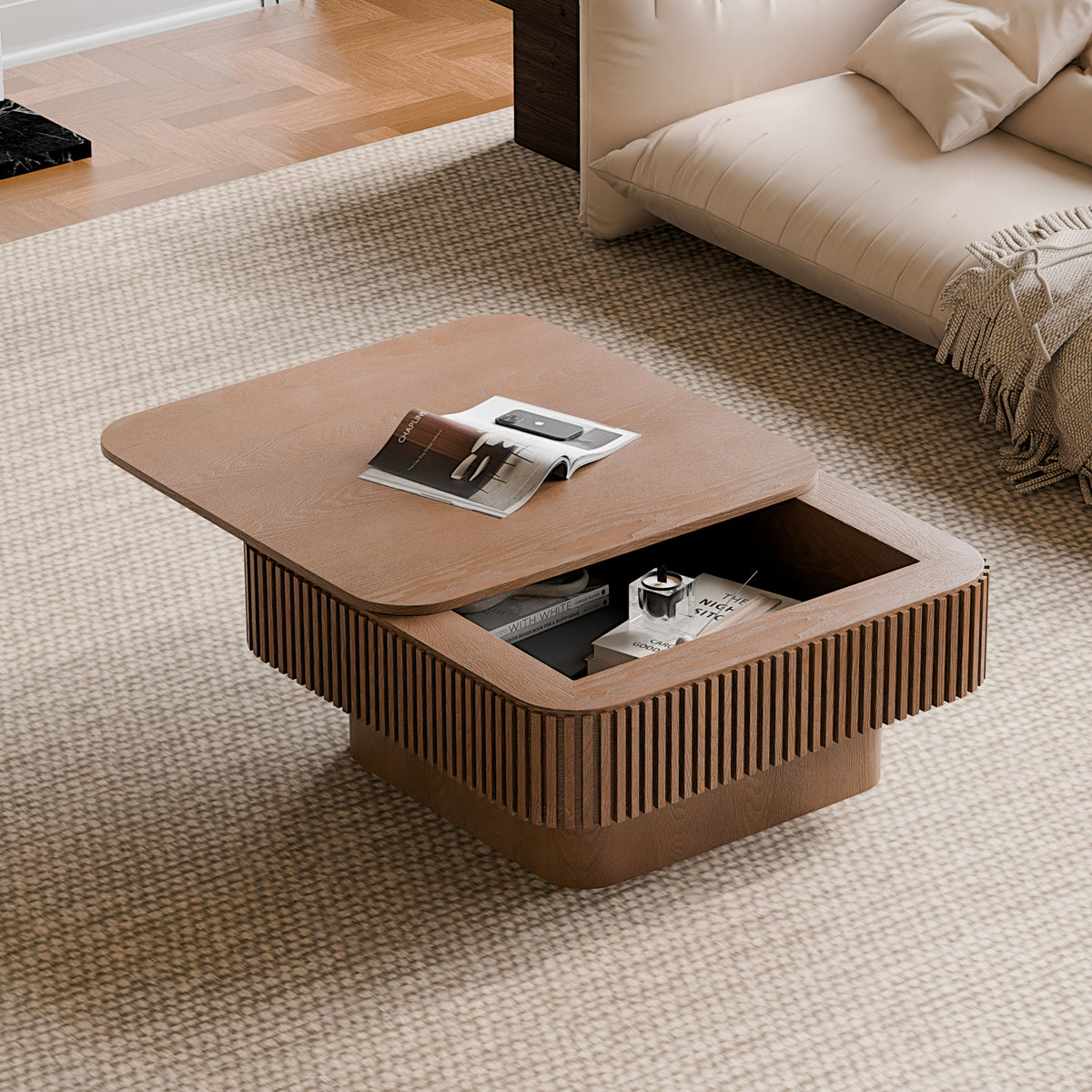 Walnut Square Coffee Table with Storage, 31.5 in