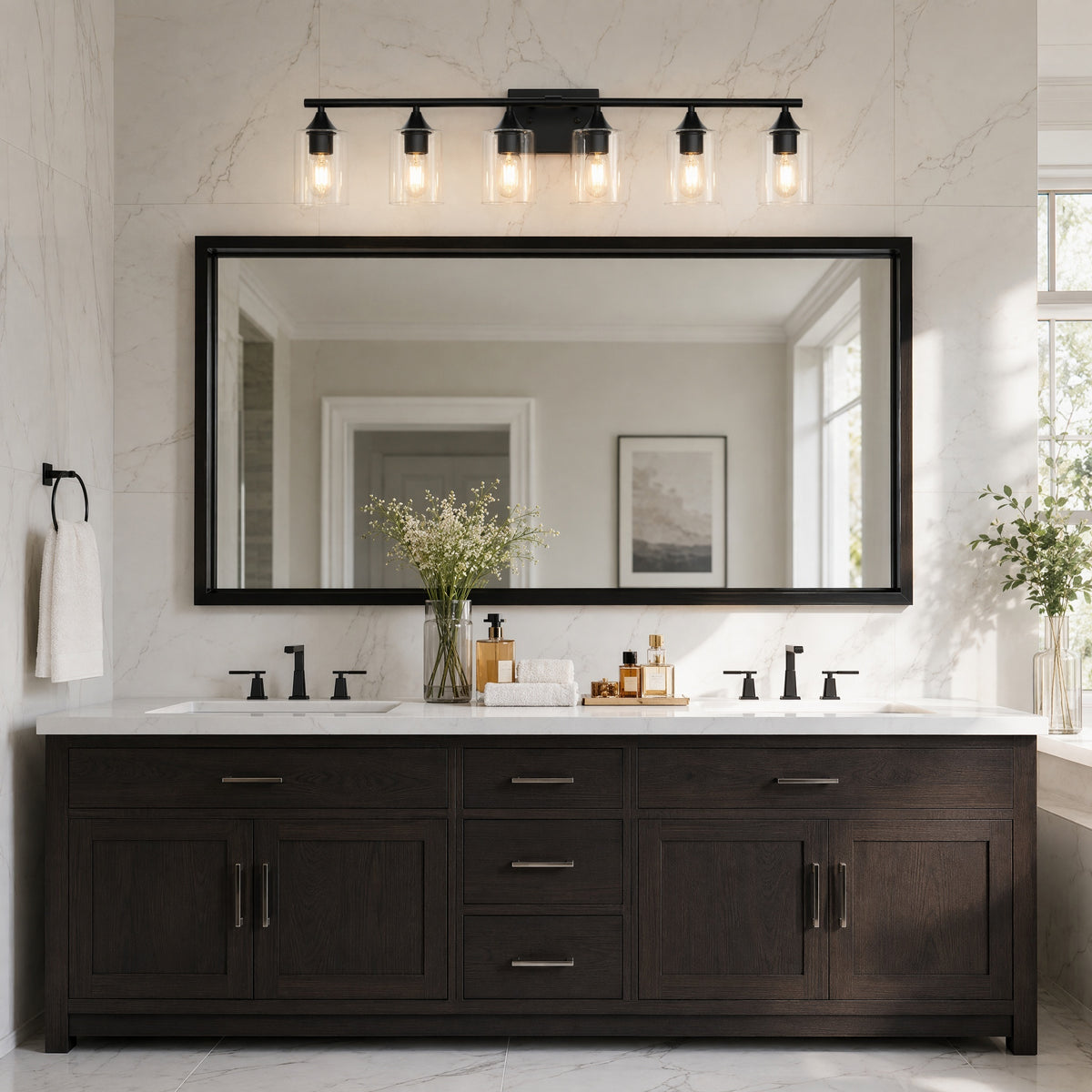 Vanity Light, 6-Light Iron with Glass Shades, Black