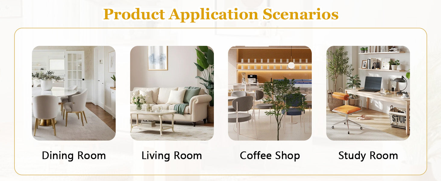 Application scenarios showing the table in a dining room, living room, coffee shop, and study room.