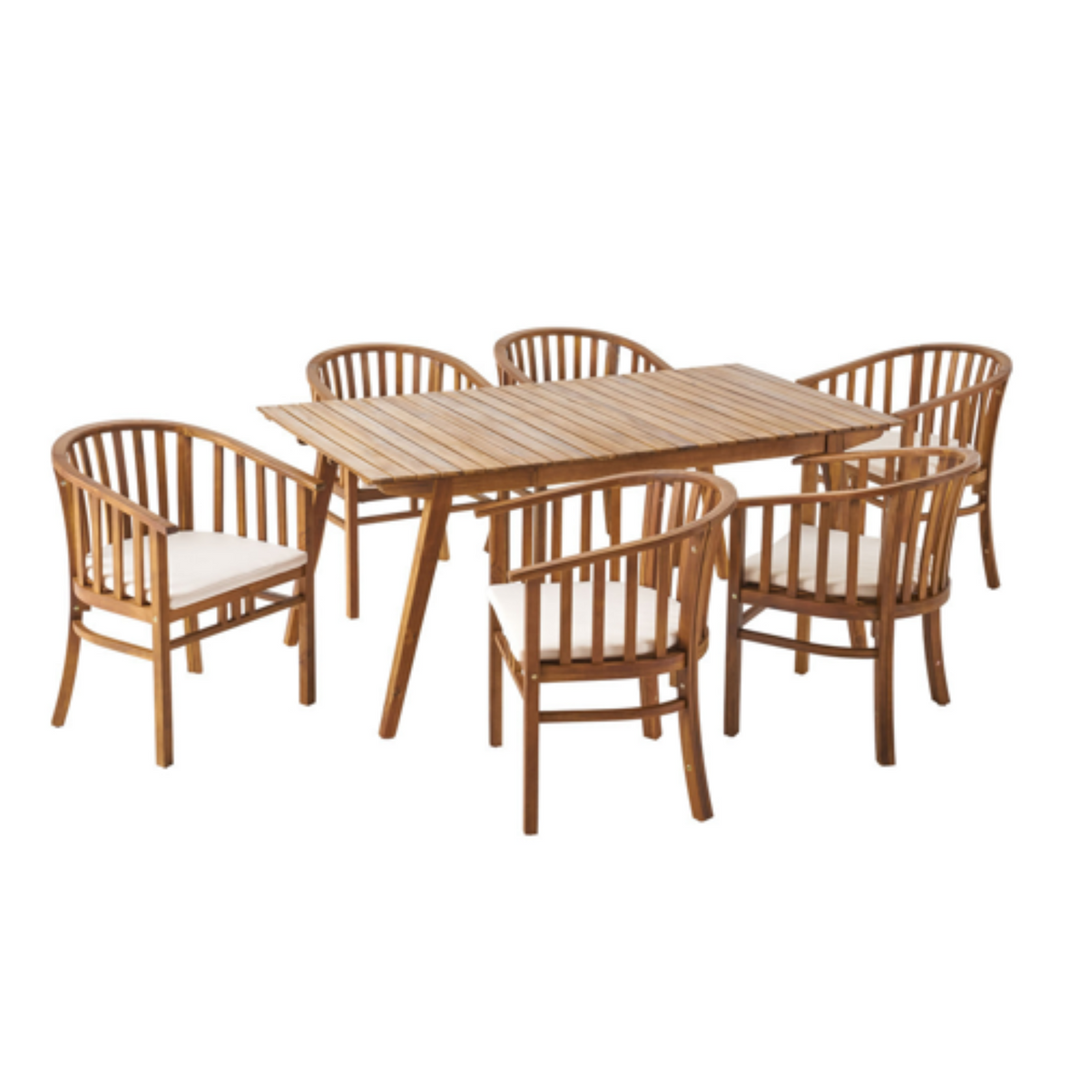 Teak Finish Solid Wood Patio Dining Set for 6 with Cream Cushions