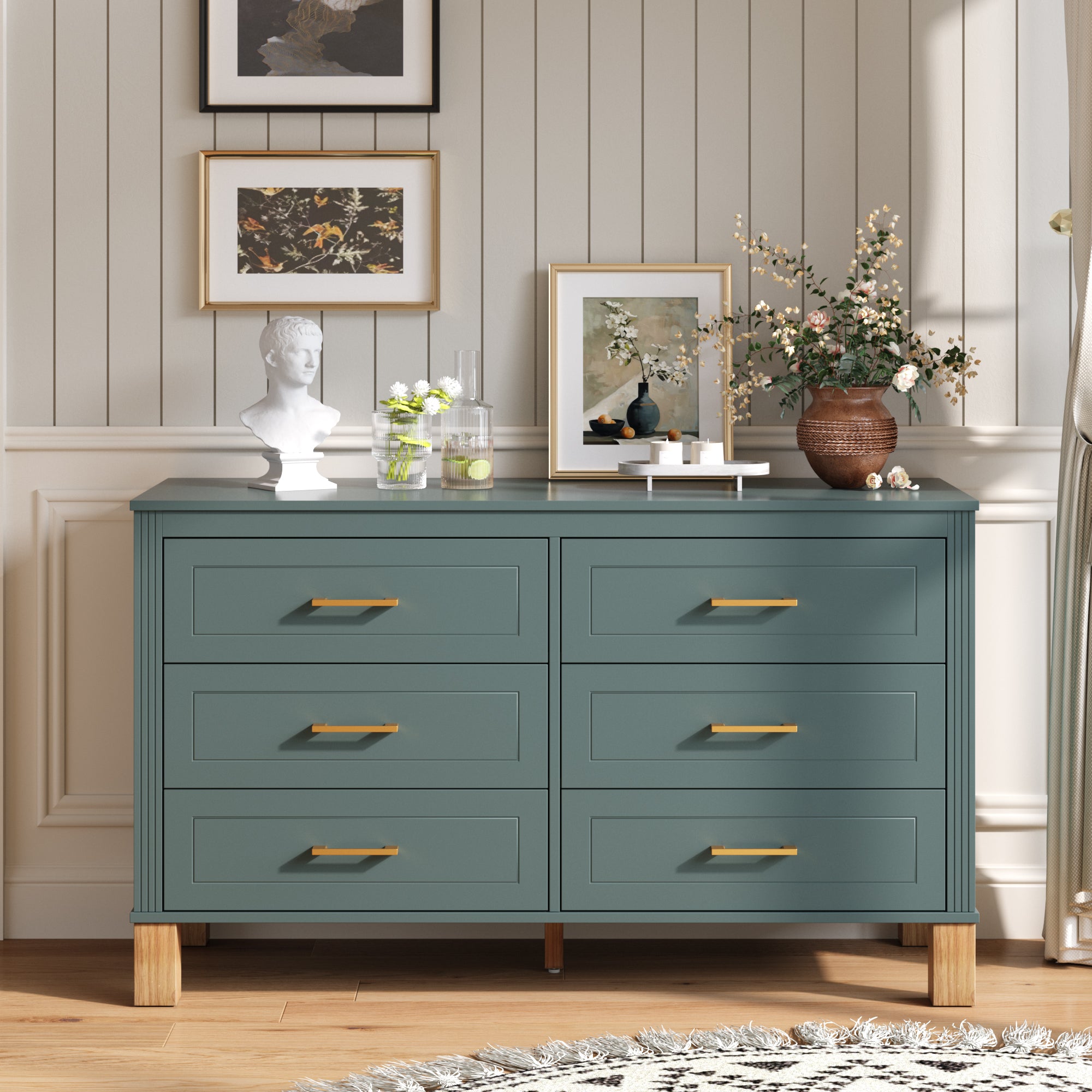 Blue Mid-Century Dresser, 6 Drawers, 47.24 Inches Wide