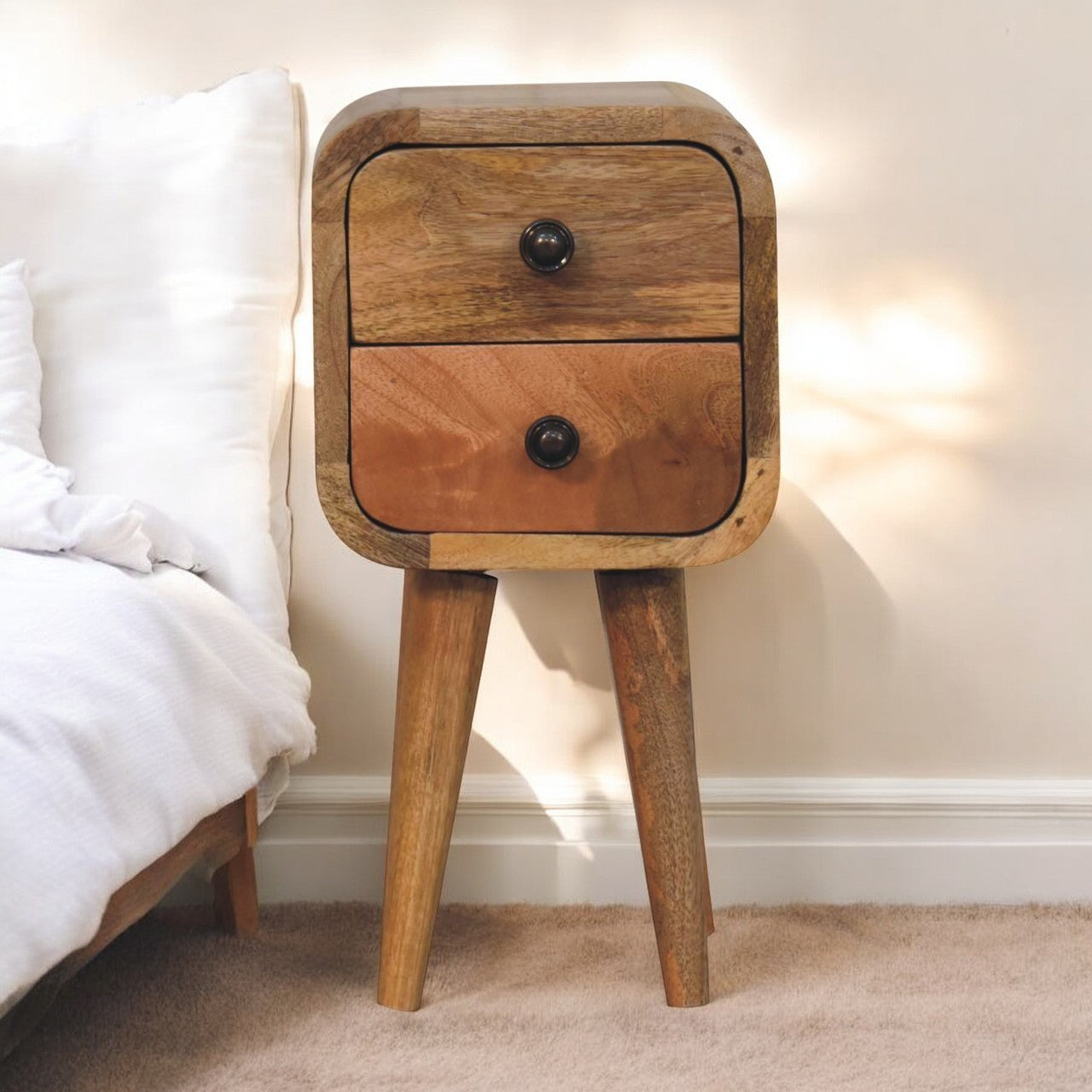 2 Drawer Nightstand with Nordic Legs, Solid Mango Wood, Oak