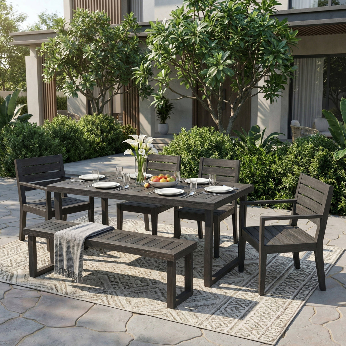 Dark Gray Solid Wood Patio Dining Set for 6 with Cushions