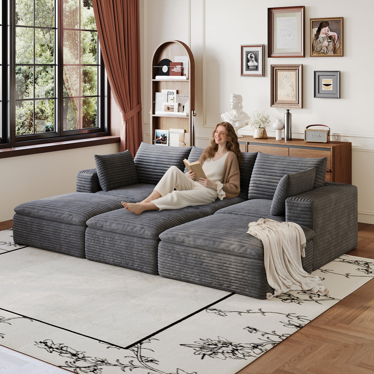 Dark Gray Corduroy Modular 6-Seat Couch, No Assembly