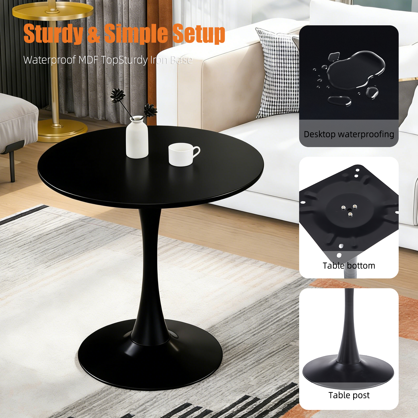 Feature graphic showing the black dining table waterproof MDF top and sturdy iron base
