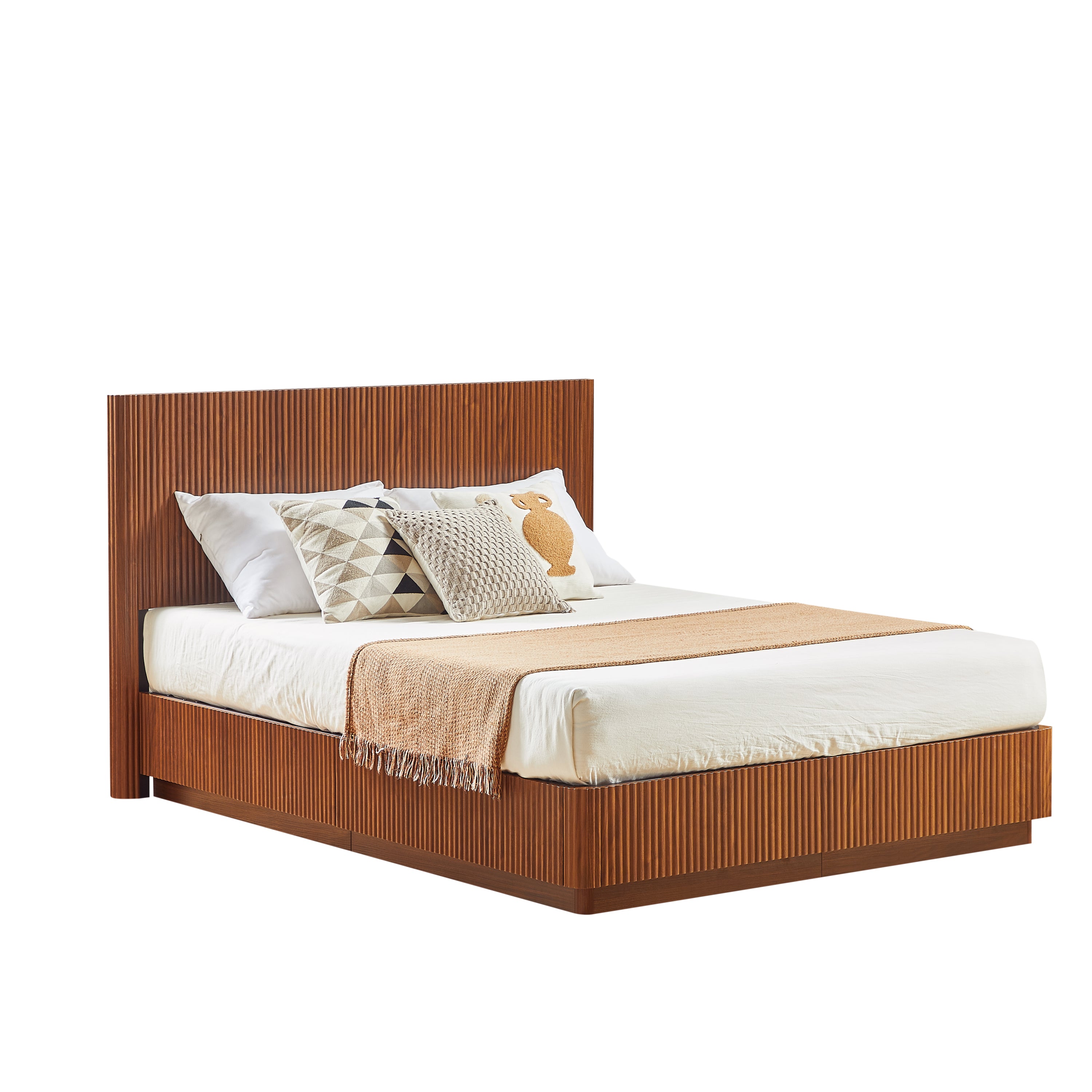 Styled bare modern queen bed frame in walnut with pillows on the black steel slat platform #Color_Walnut