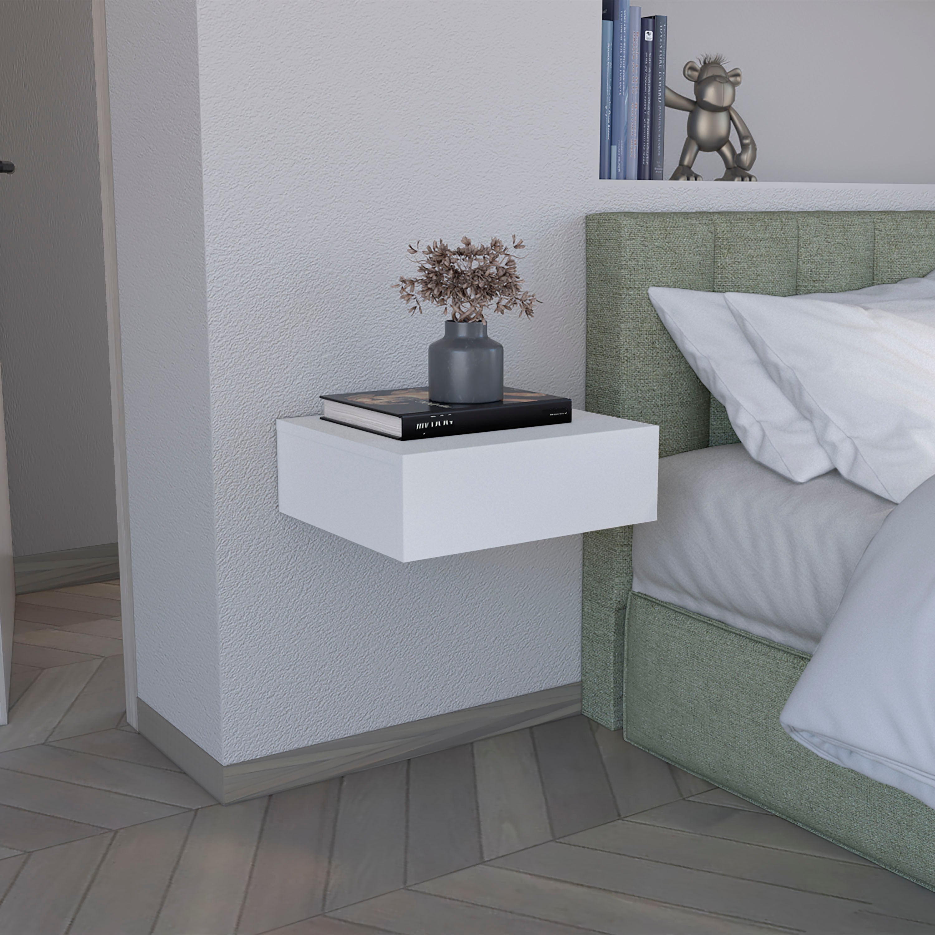 Wall Mounted Bedside Shelf Nightstand with Drawer, White