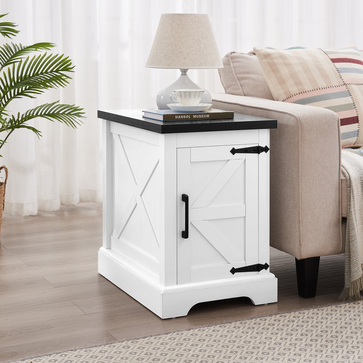 White Rectangular Side Table with Storage, 21.7 in