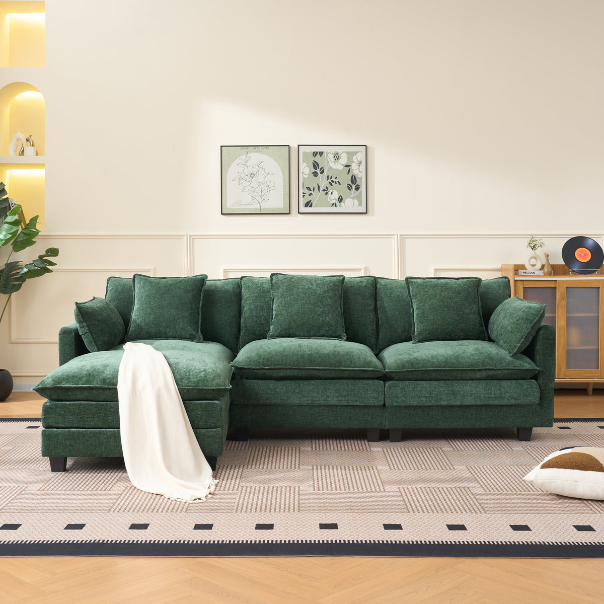 Dark Green Sectional Couch with Ottoman, 102 in Wide