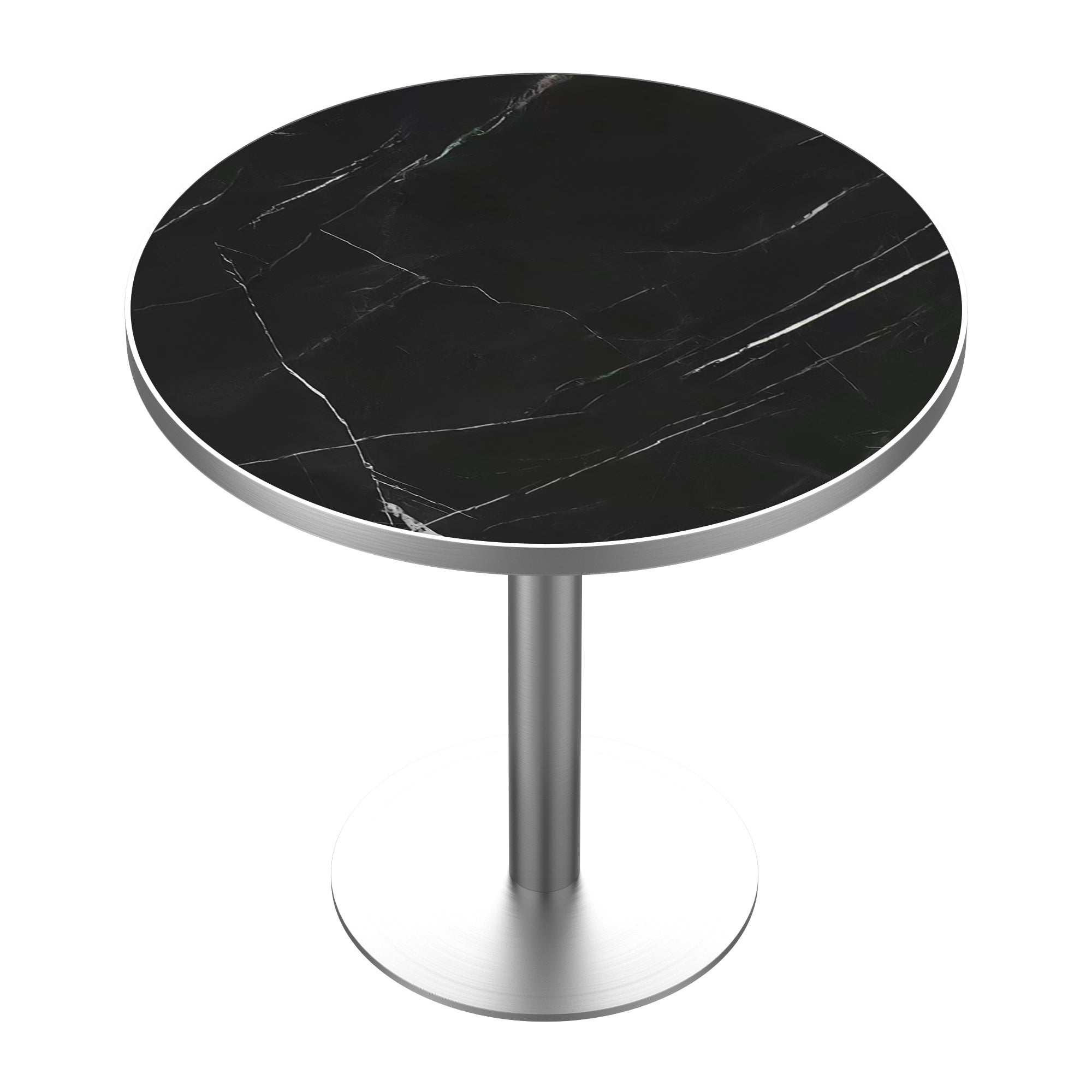 High-angle catalog view of the black sintered stone round tabletop with steel base on a white background