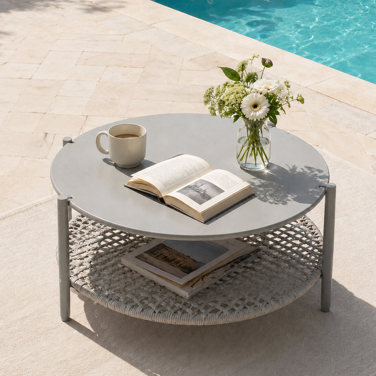 Metal Round Outdoor Coffee Table with Storage, 34 in Wide