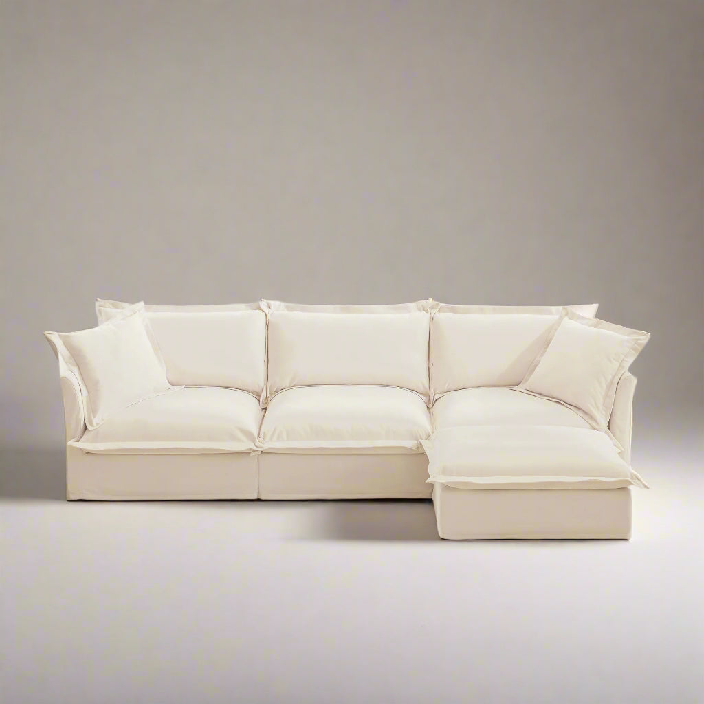 Fluffy Chenille 3-Seat Sofa – Cream with Ottoman, Washable
