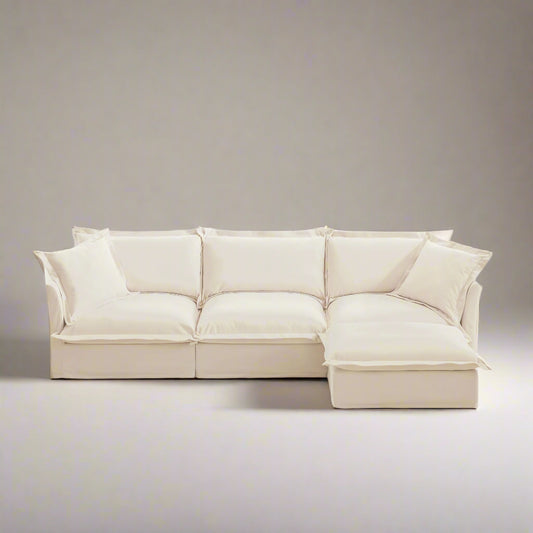 Fluffy Chenille 3-Seat Sofa – Cream with Ottoman, Washable