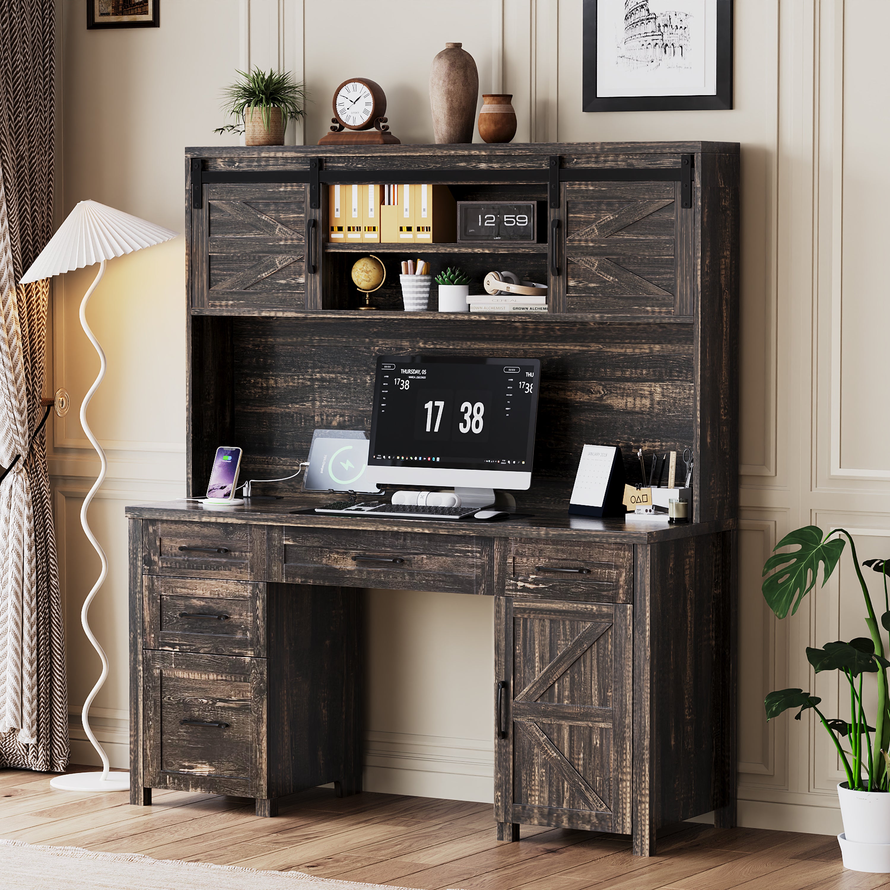Farmhouse Computer Desk with Charging Station and Hutch, 61 in, Grey