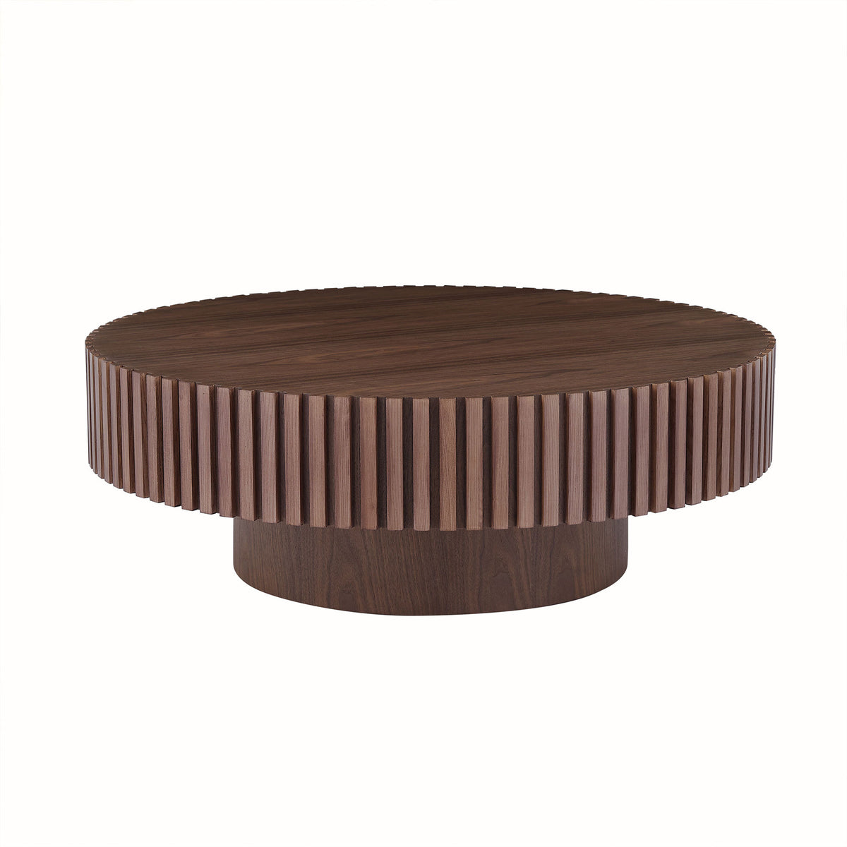 Walnut Round Coffee Table, 31.5 in, Slatted Drum