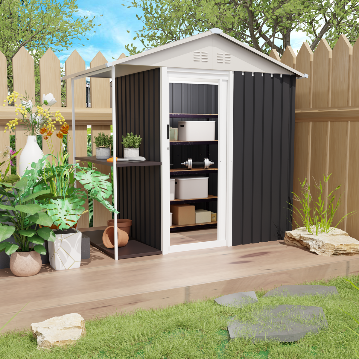 4x6 ft Gray Metal Storage Shed with Storage Rack