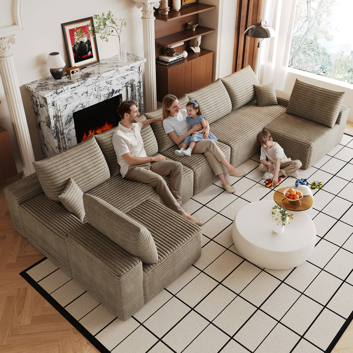 Camel Corduroy U-Shaped Sectional Couch, No Assembly, 166 in Wide