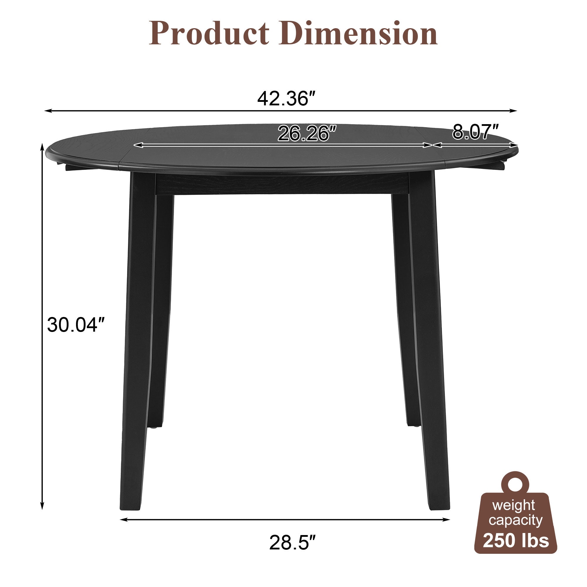 Dimension diagram of the folding round table, 42.36 inch top and 30.04 inch height