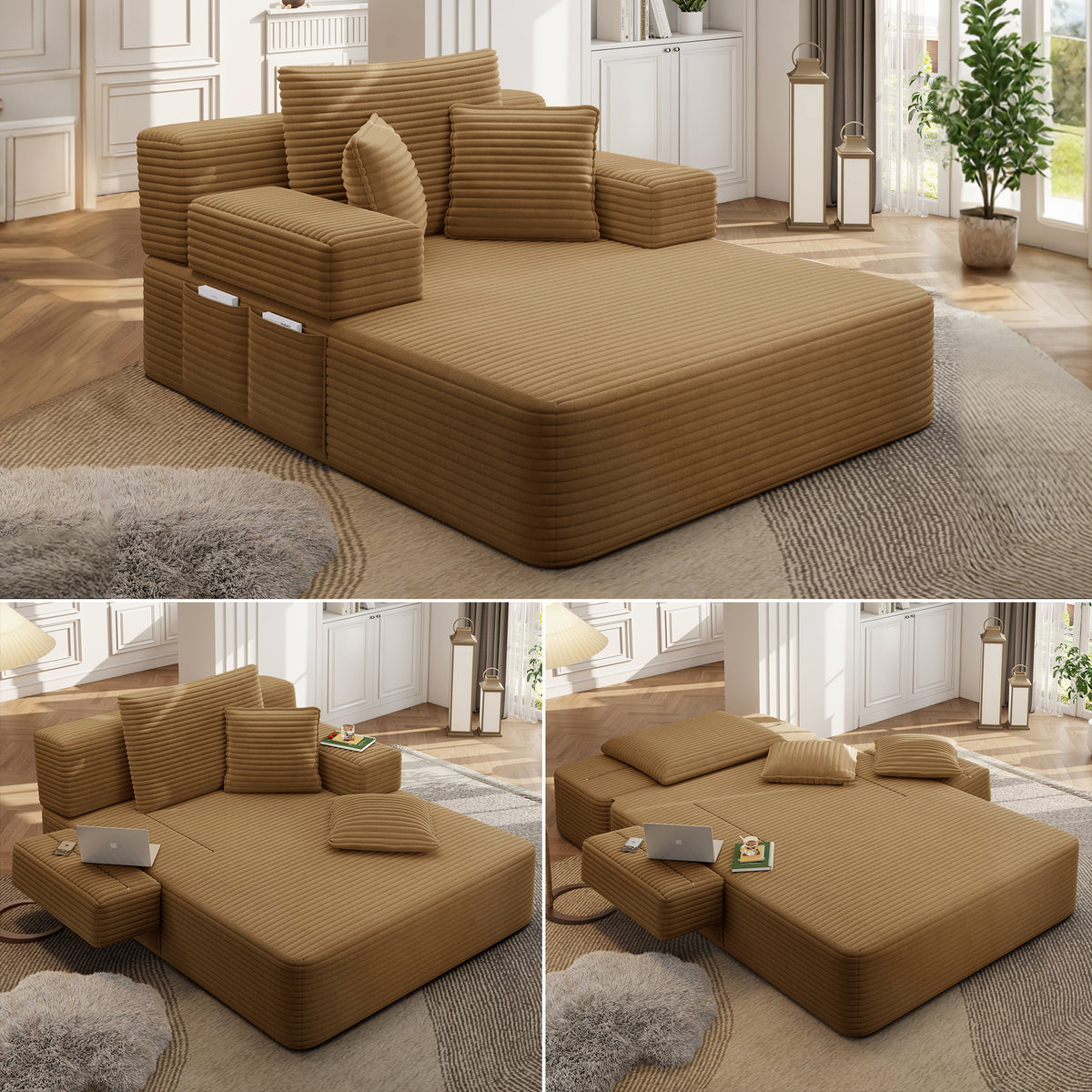 Camel Corduroy Chaise Lounge Chair