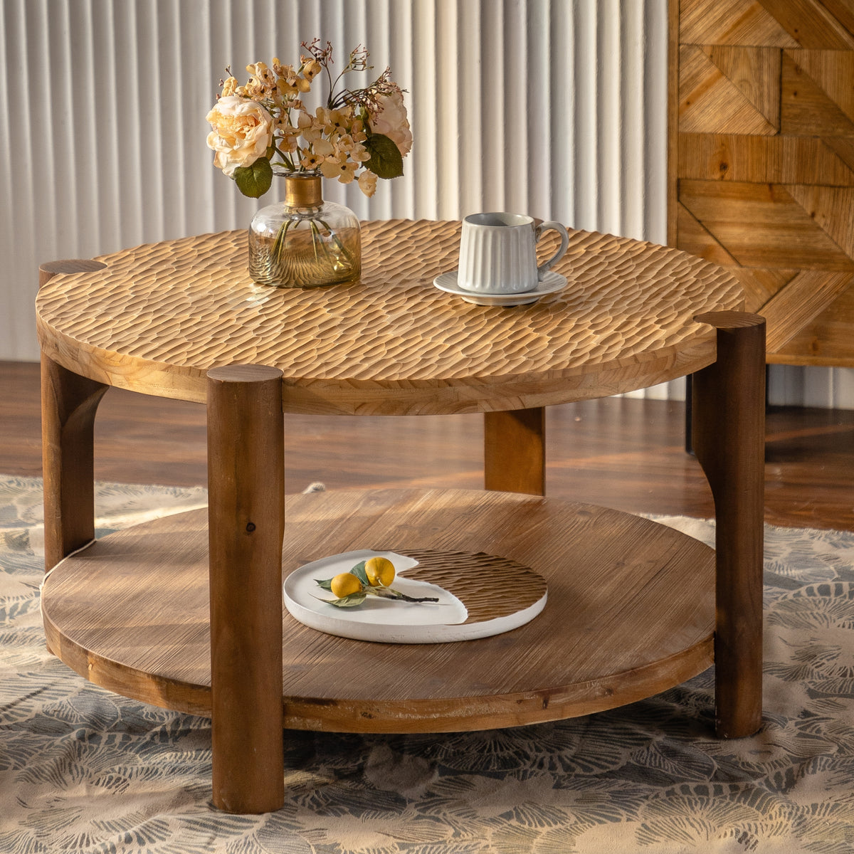 Natural Round Coffee Table with Storage, 34.7 in