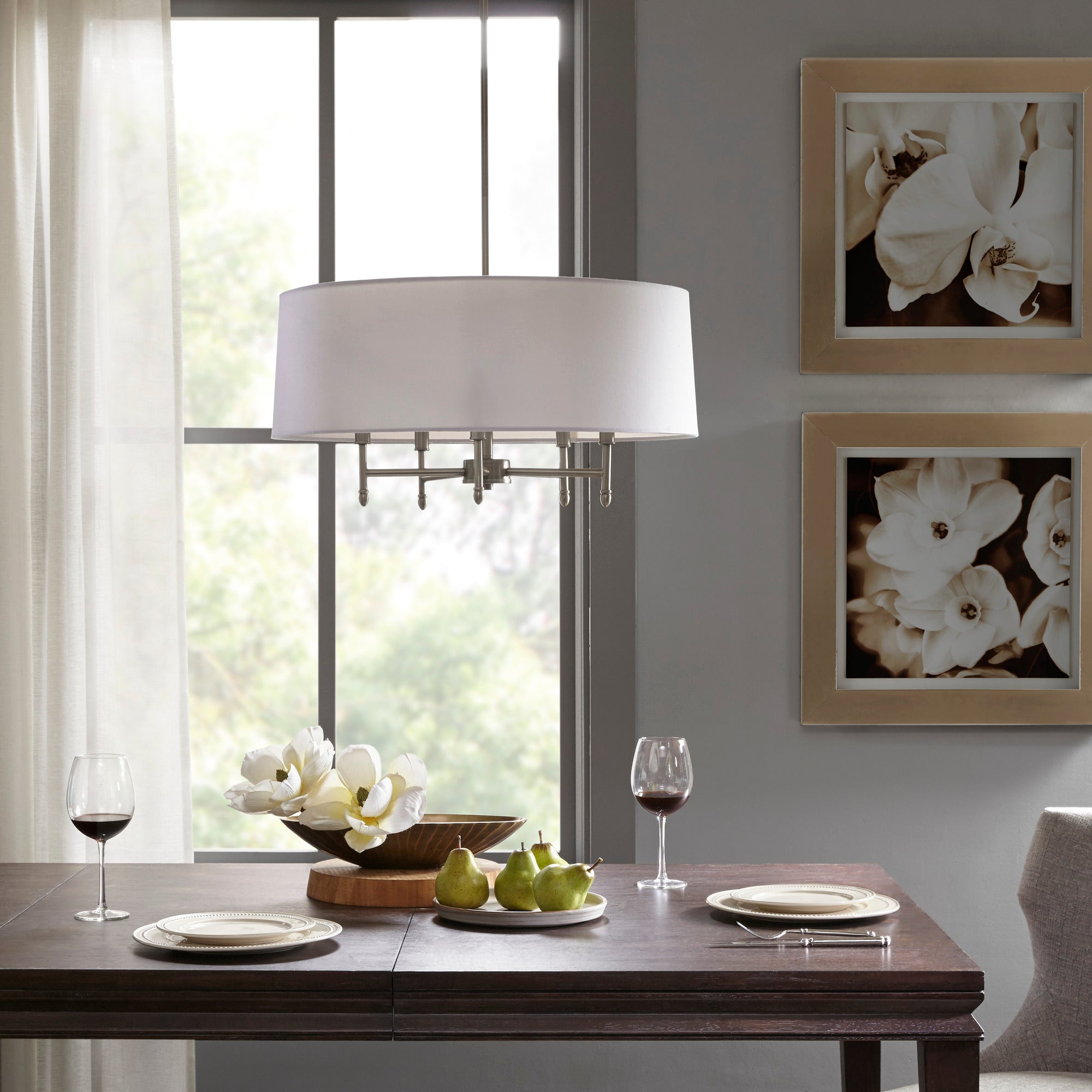 Chandelier with Fabric Drum Shade, 5-Light, Silver