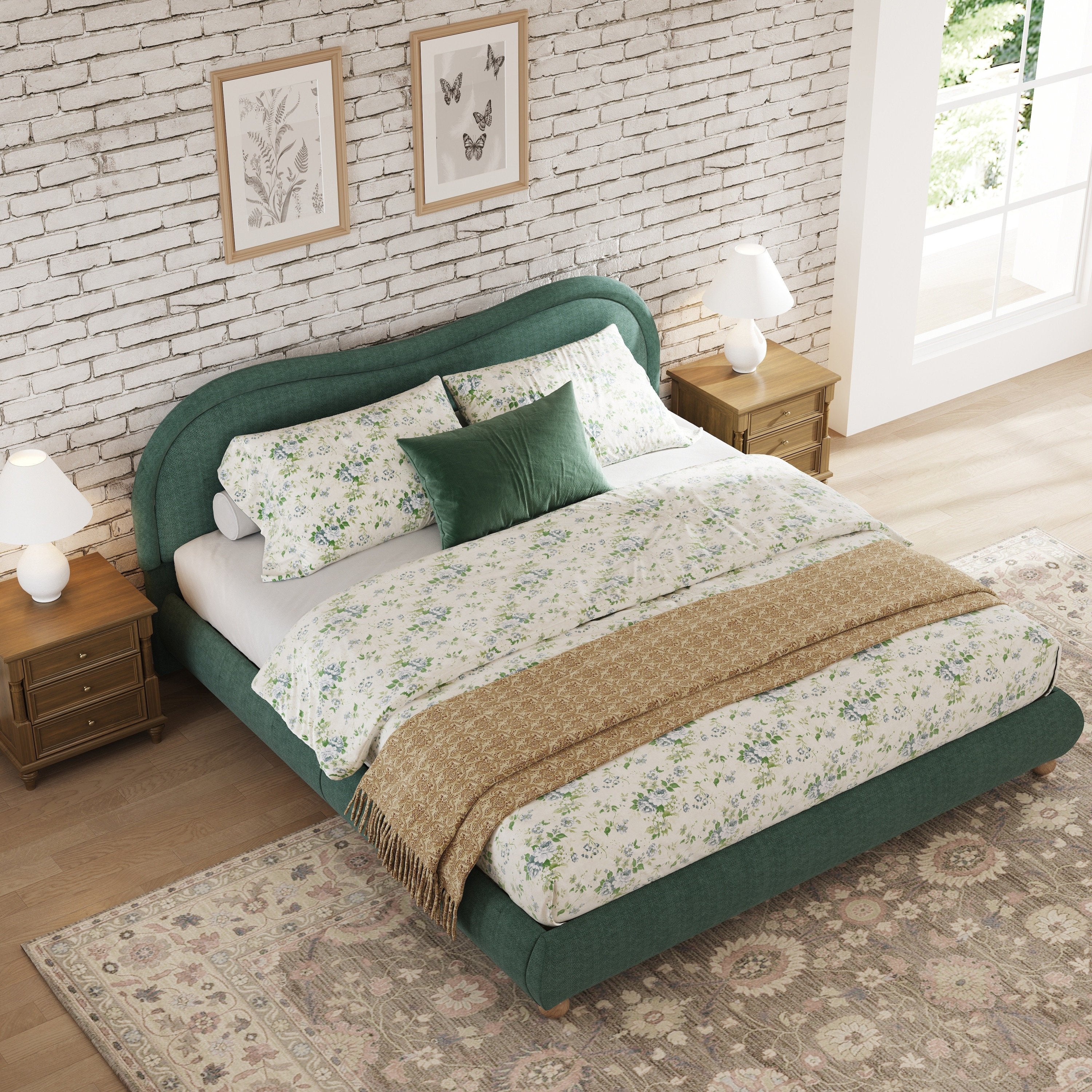 Olive green king bed frame in bedroom with floral bedding, angled view