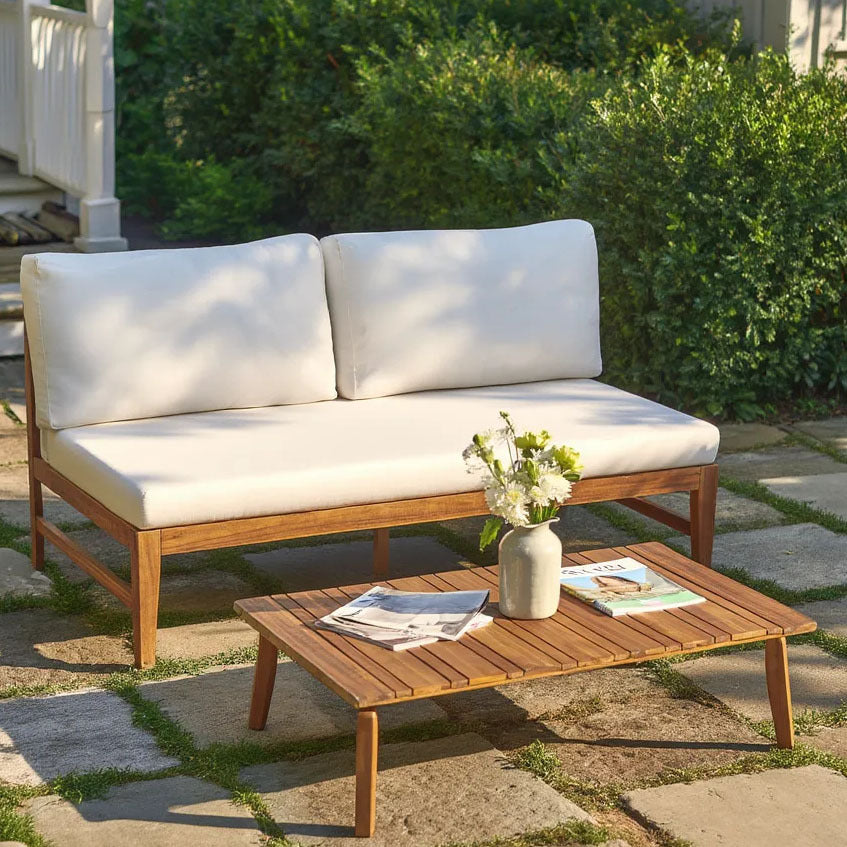 Teak Finish Solid Wood Outdoor Sofa Set for 2 with Cushions