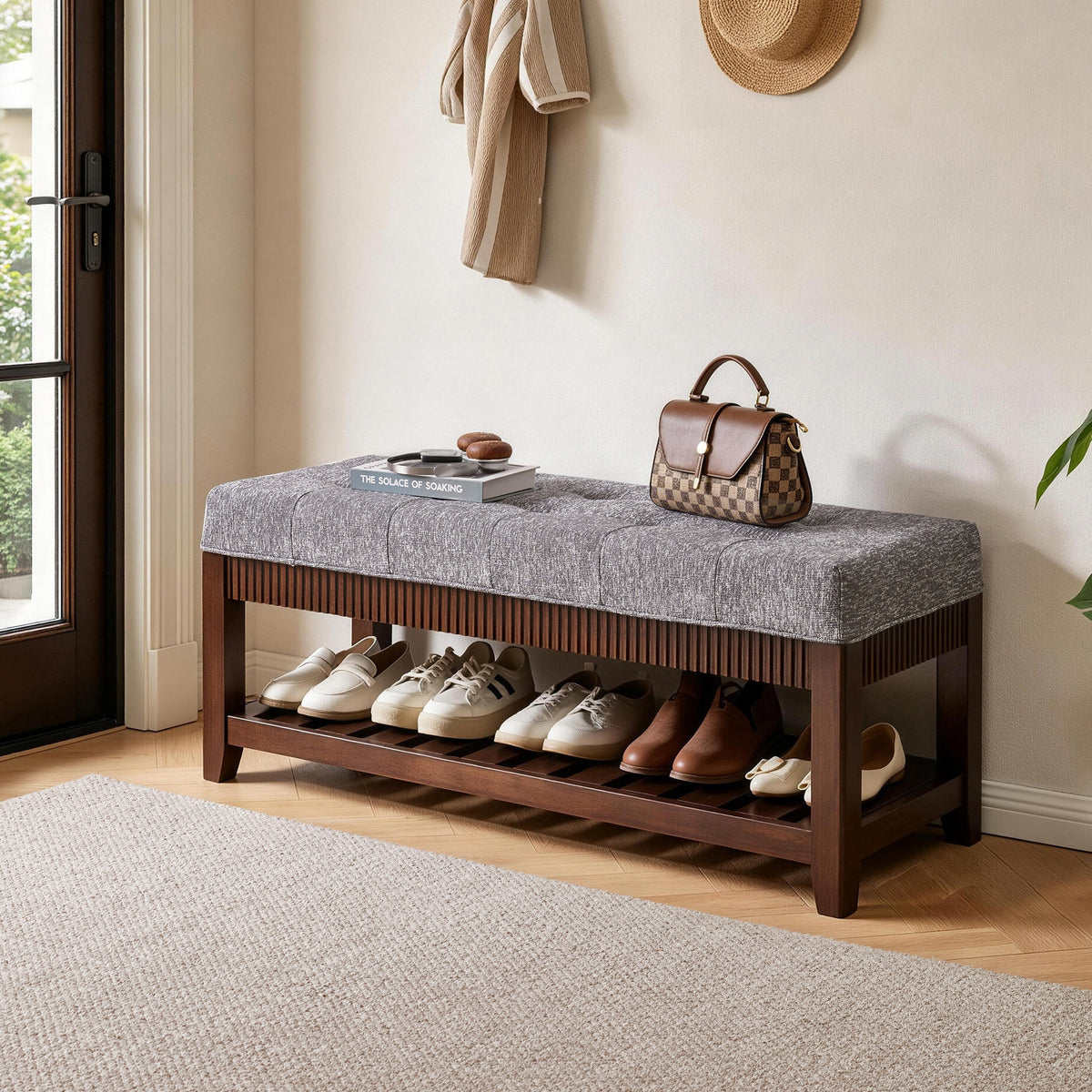 Gray Solid Wood Shoe Storage Bench, 43.7 in Wide