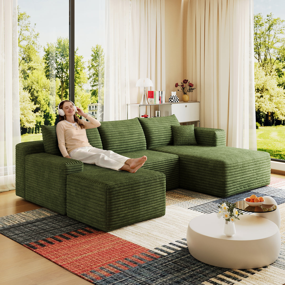 Green Corduroy L-Shaped Sectional with Ottoman, 95 in Wide
