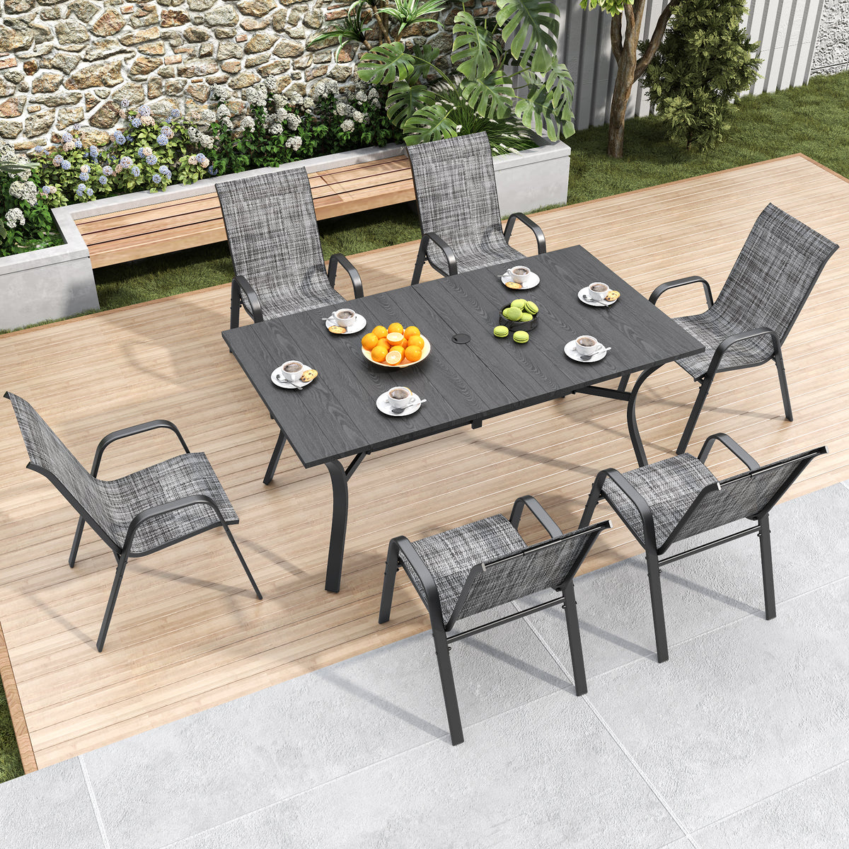 Black Metal 7-Piece Patio Dining Set for 6 with Umbrella Hole