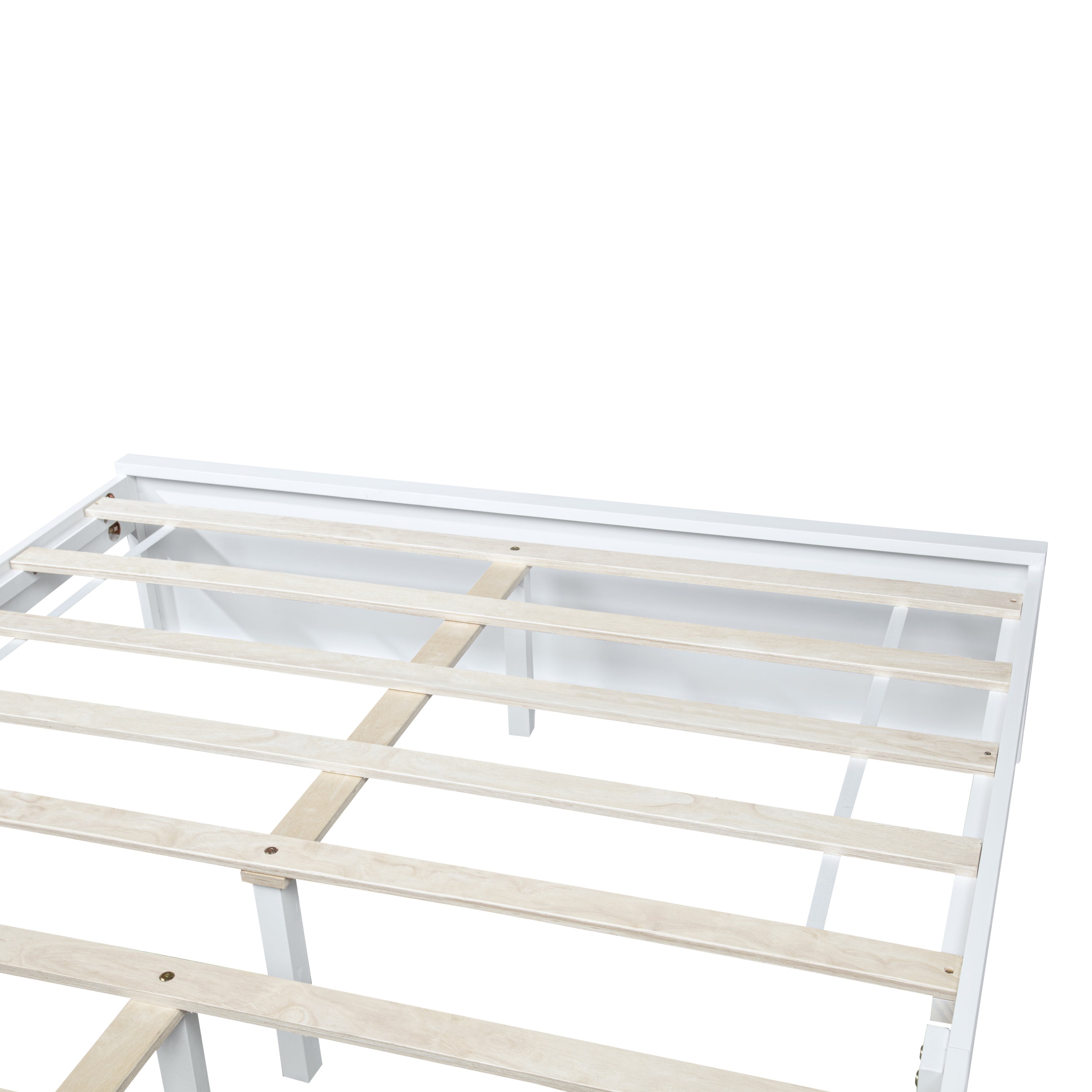 Close-up of the wood slats and central lengthwise support beam on the white queen bed frame #Color_White