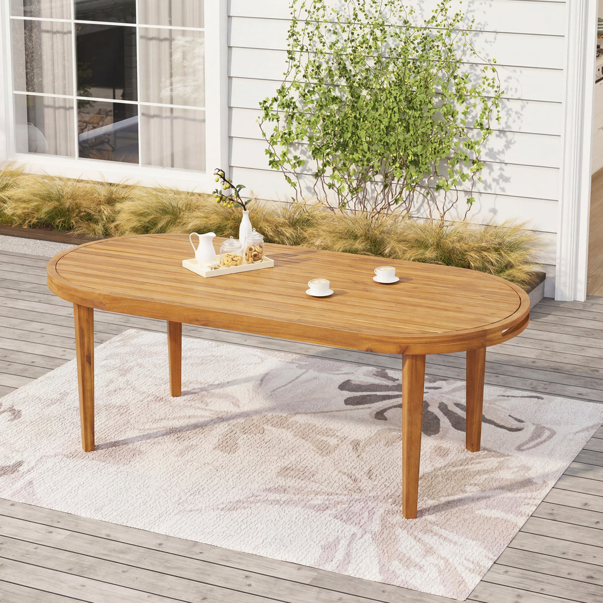 Teak Finish Solid Wood Oval Outdoor Dining Table, 70.1 in Wide