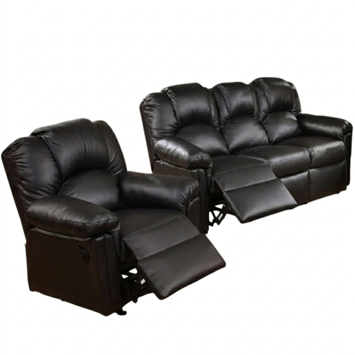 Black Bonded Leather Reclining Sofa and Recliner Set, 38 in Deep