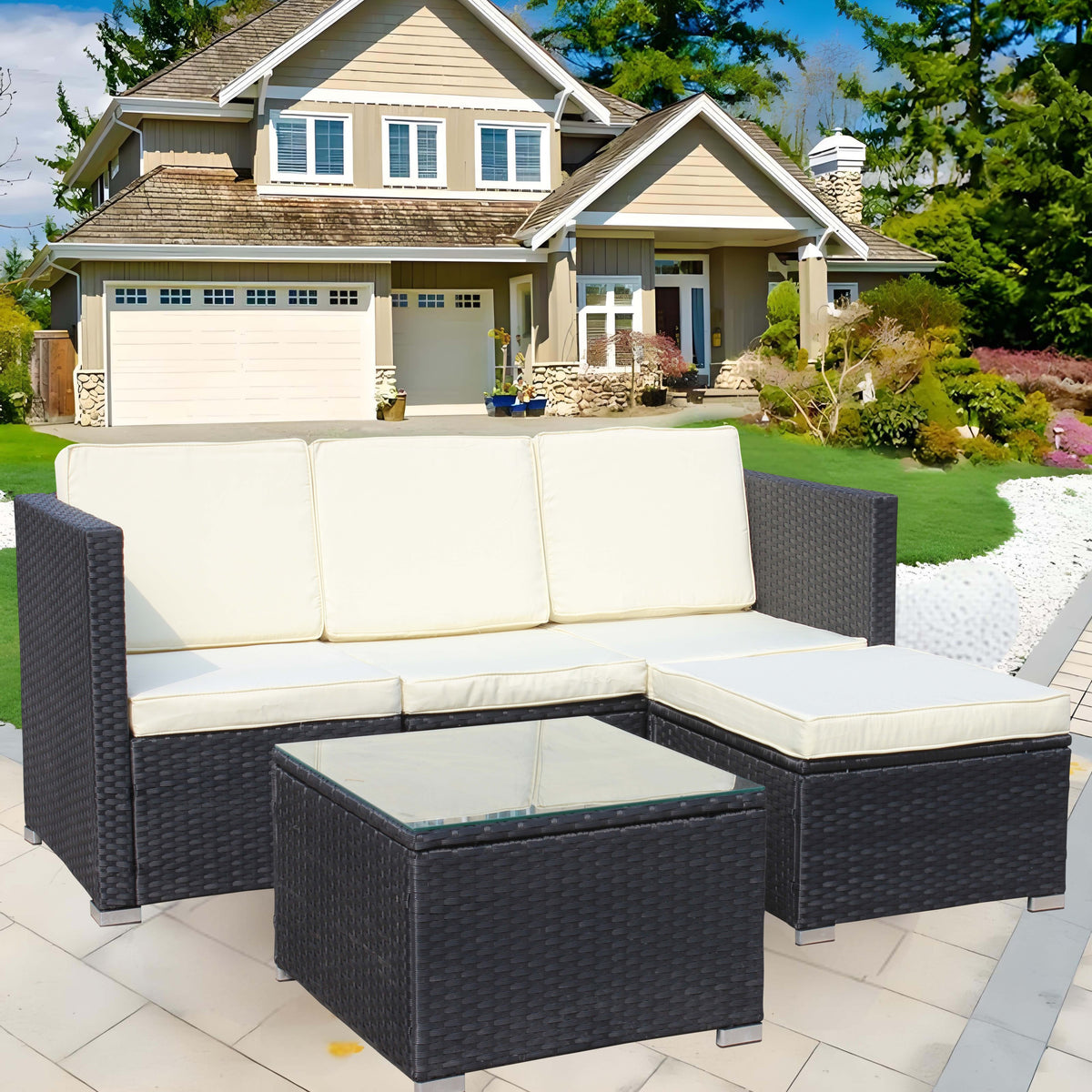 Black Wicker 5-Piece Outdoor Sofa Set with Cushions