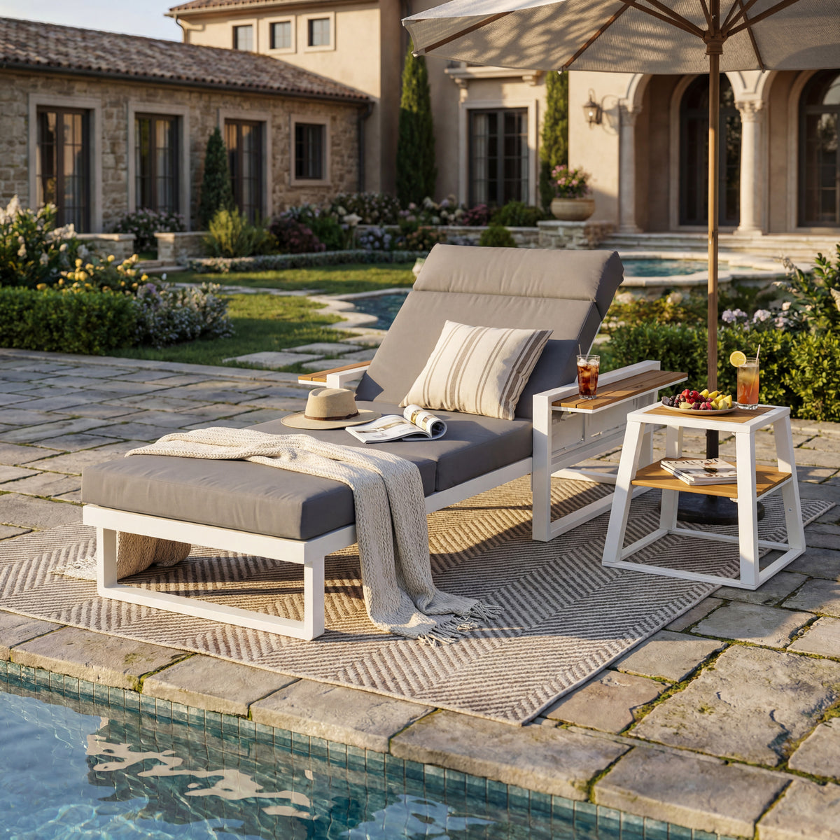 Teak Finish Metal Adjustable Outdoor Chaise Lounge, Dark Gray Cushion