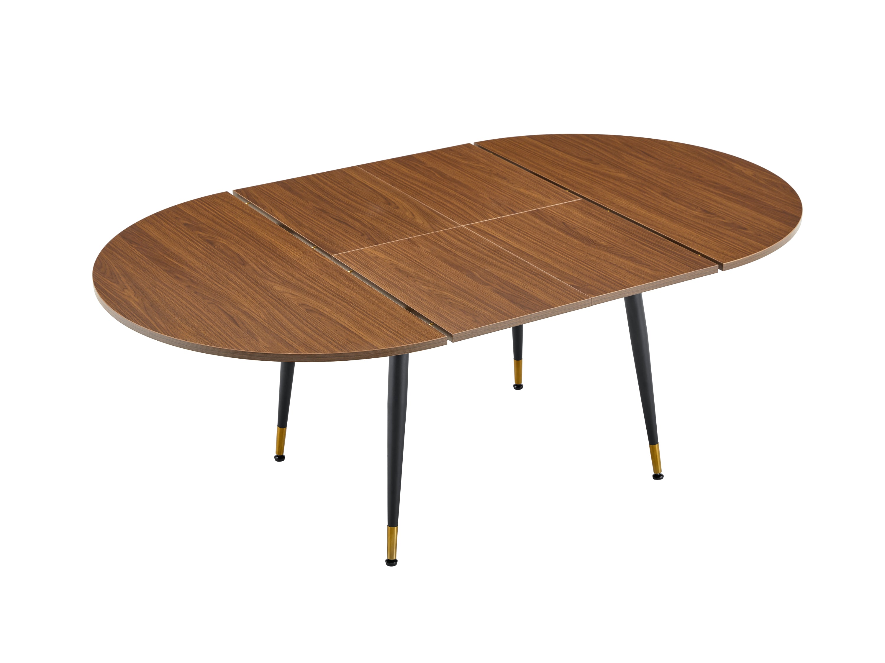 Three-quarter studio view of the walnut table extended to oval