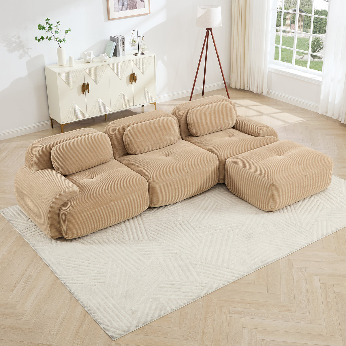 Camel Corduroy L-Shaped Modular Sectional Couch