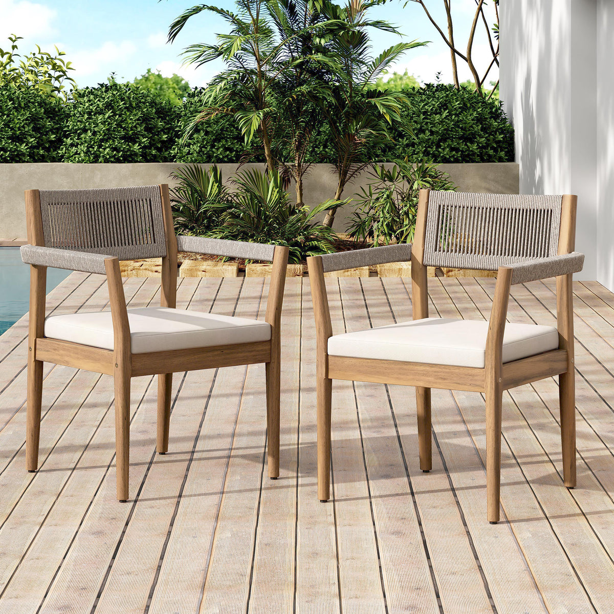 Teak Finish Solid Wood Outdoor Dining Chair, Set of 2, with Arms, Cream Cushion