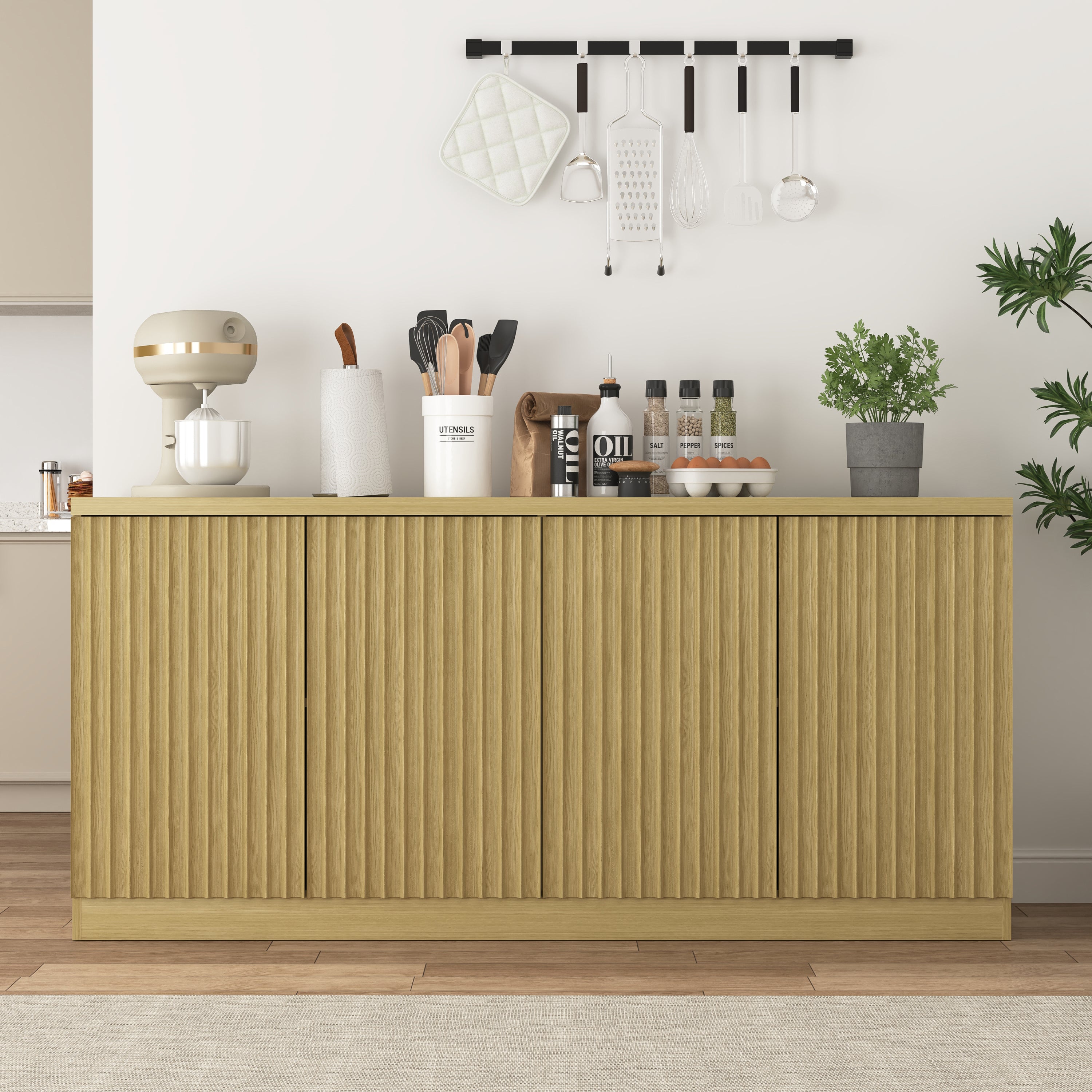 Natural Fluted Sideboard Buffet Cabinet, 62 in, 4 Doors & Shelves