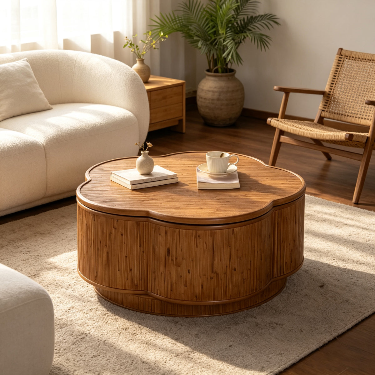 Natural Rattan Round Coffee Table with Storage, 31.5 in, Flower-Shaped