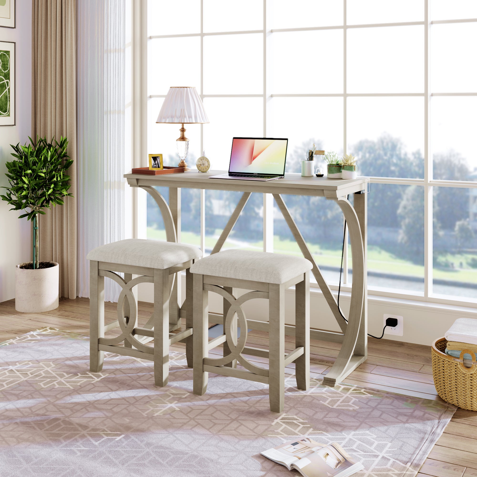 3-Piece Counter Height Dining Set, White Table with USB, 2 Stools