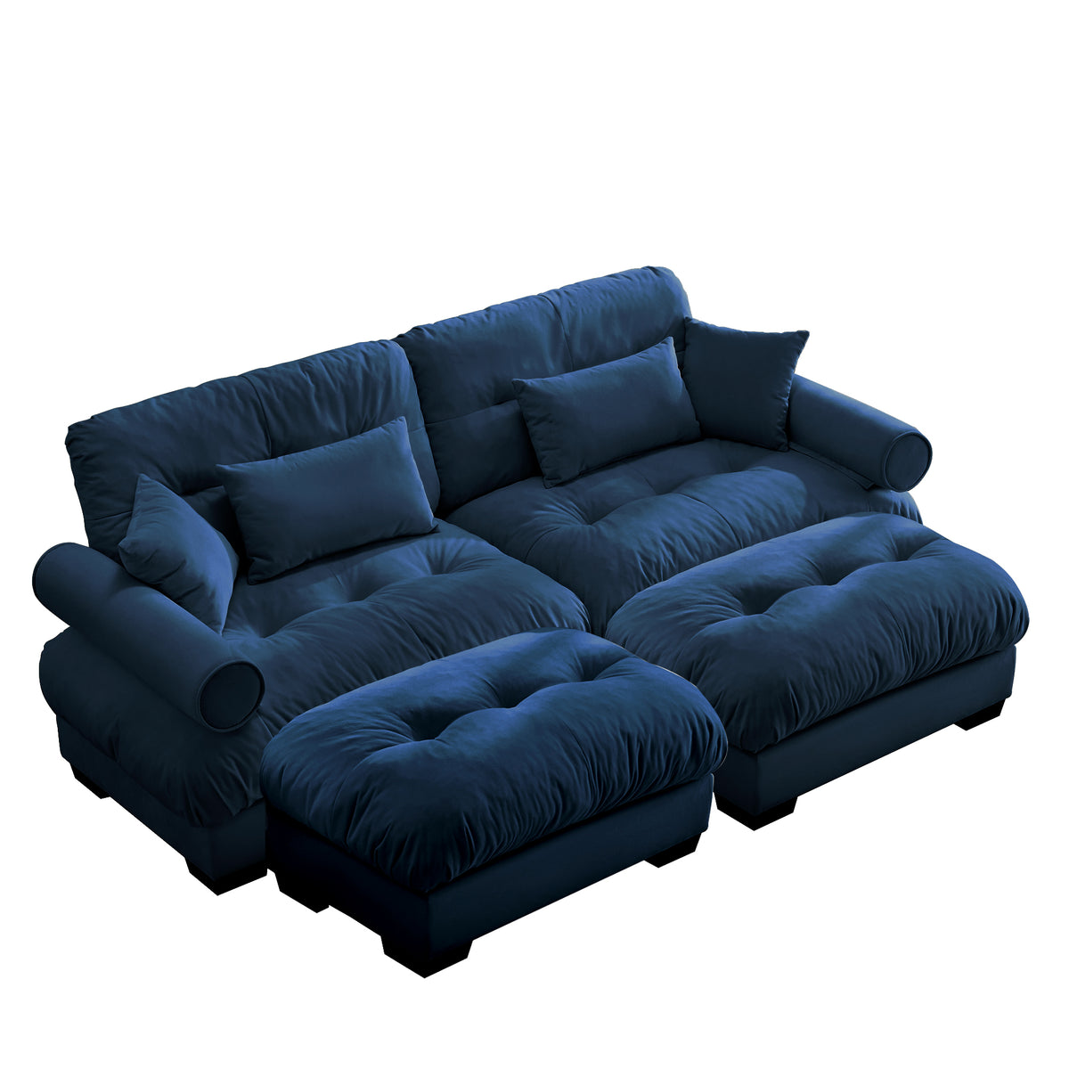 Blue Velvet 2-Seat Couch with Ottoman, Lumbar Pillow