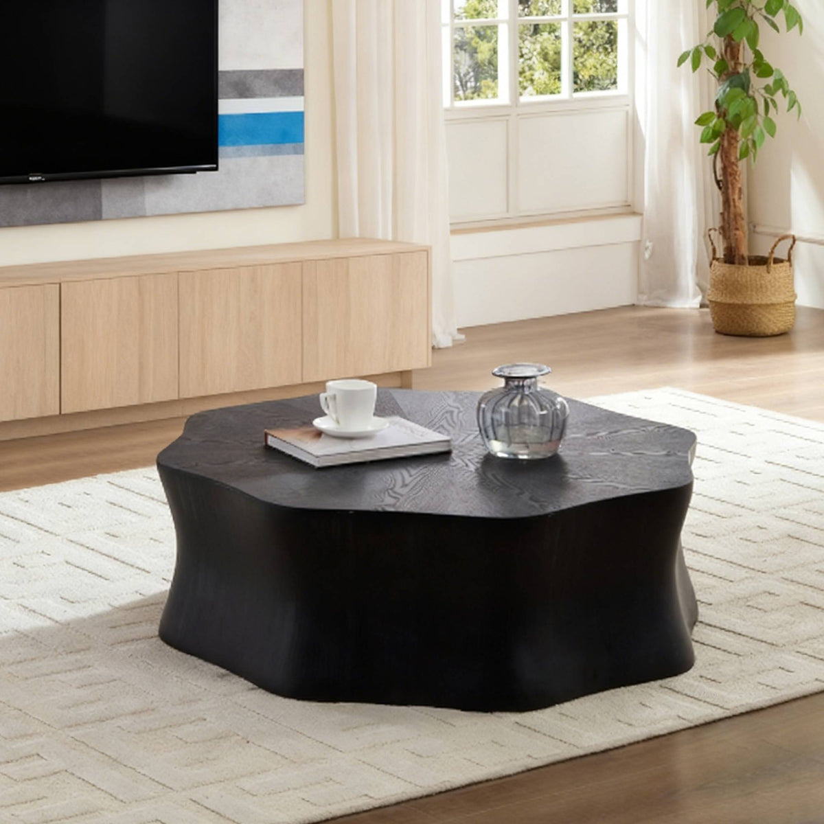Black Round Coffee Table with Storage, 35.4 in