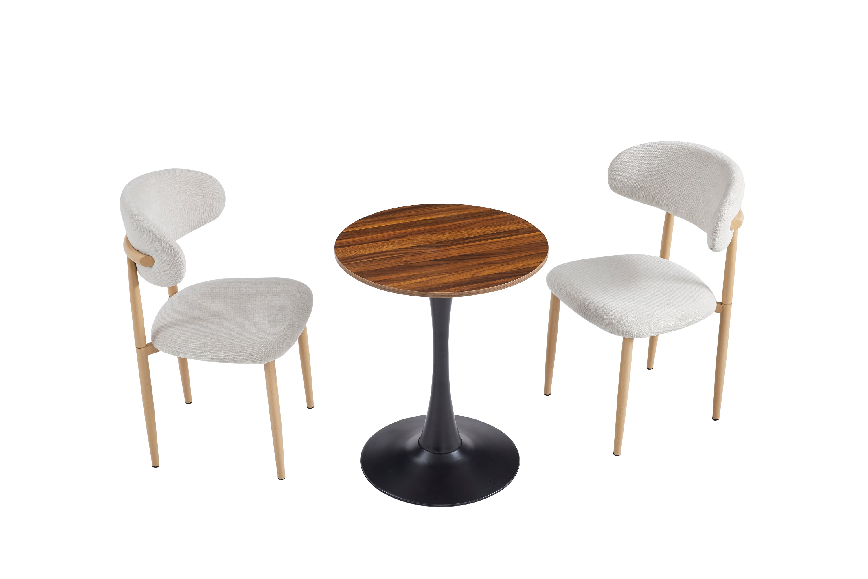 Studio shot of dark wood-grain round bistro table with three cream boucle chairs