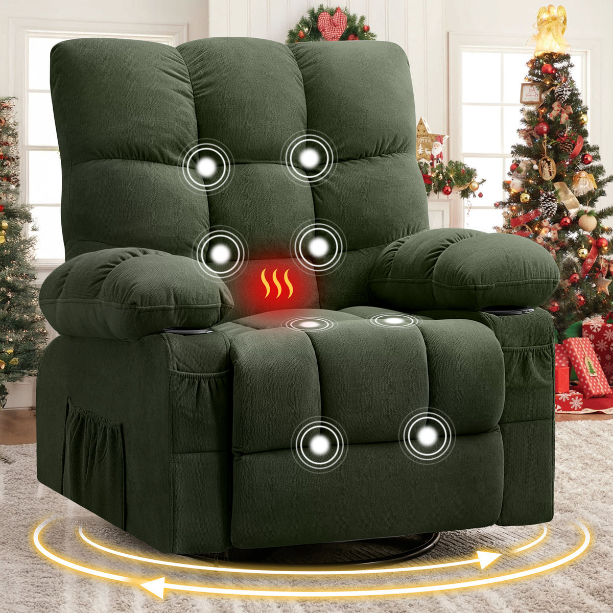 Green Swivel Rocker Recliner, Massage and Heat
