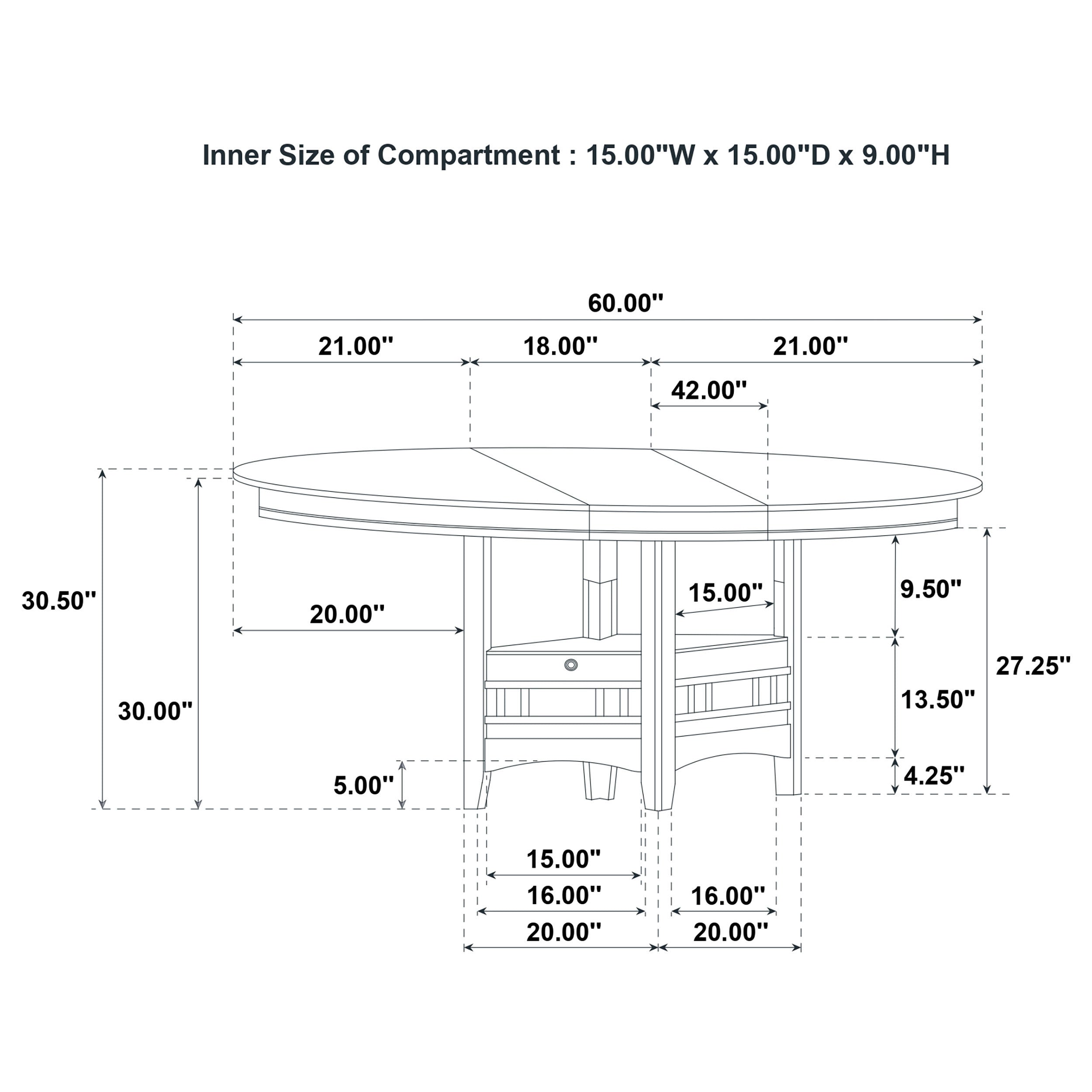 Dimension diagram: 60 in wide, 30 in high, storage compartment 15 by 15 by 9 in