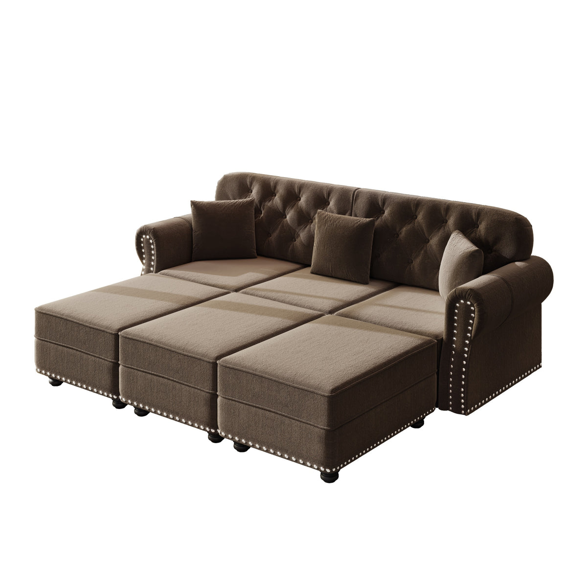 Brown Velvet 3-Seat Chesterfield Sofa with 3 Ottomans, 82.6 in Wide